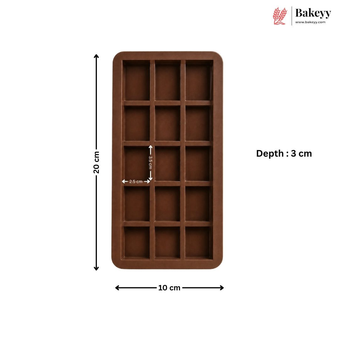A brown rectangular silicone mold with 16 compartments, shown with dimension annotations indicating a height of 20 cm, width of 10 cm, and depth of 3 cm, on a white background with the Bakey logo in the top right.