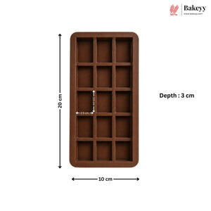 A brown rectangular silicone mold with 16 compartments, shown with dimension annotations indicating a height of 20 cm, width of 10 cm, and depth of 3 cm, on a white background with the Bakey logo in the top right.