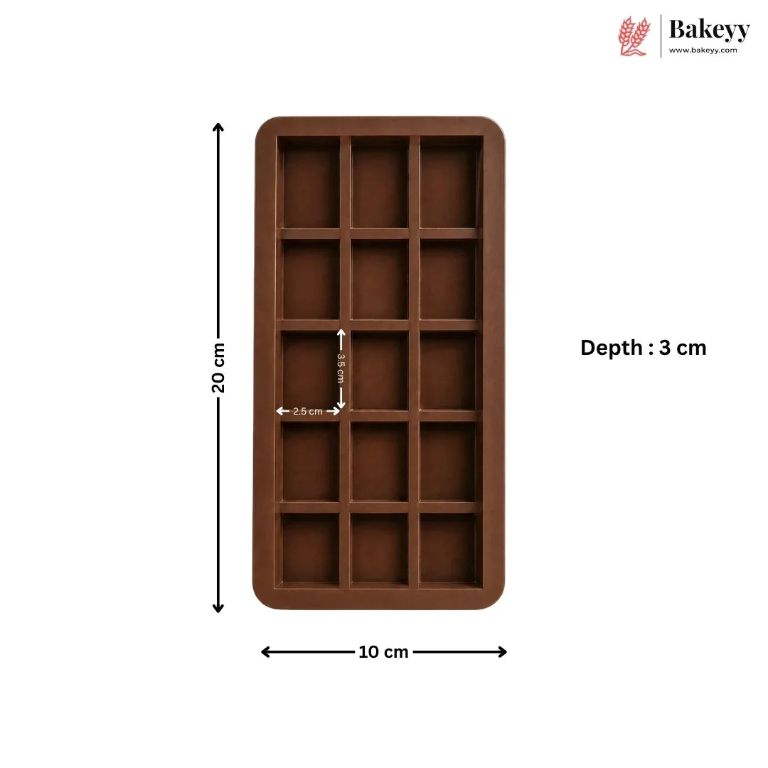 A brown rectangular silicone mold with 16 compartments, shown with dimension annotations indicating a height of 20 cm, width of 10 cm, and depth of 3 cm, on a white background with the Bakey logo in the top right.