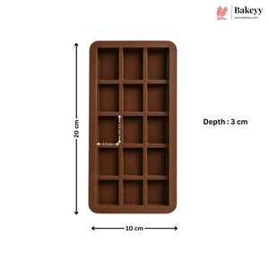 A brown rectangular silicone mold with 16 compartments, shown with dimension annotations indicating a height of 20 cm, width of 10 cm, and depth of 3 cm, on a white background with the Bakey logo in the top right.