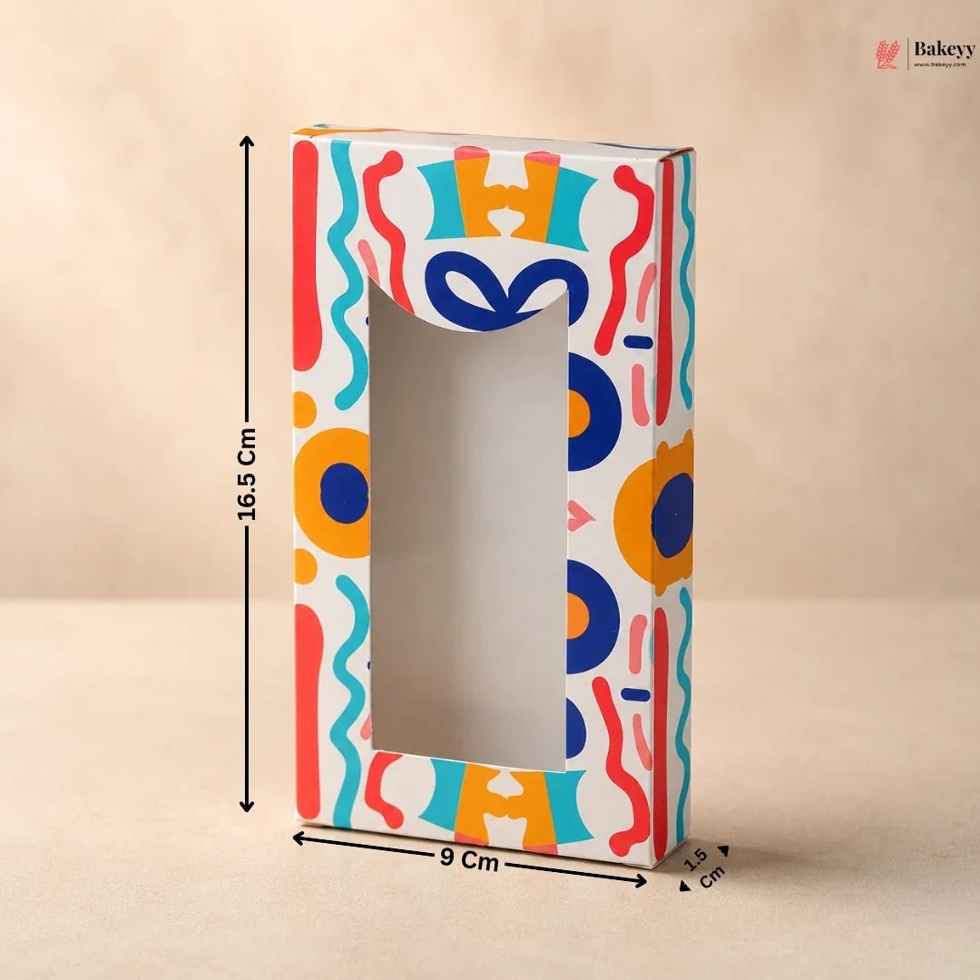 Colorful box with geometric pattern and dimensions on a beige background