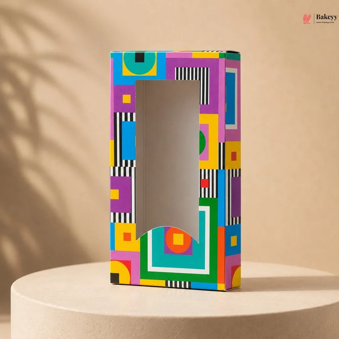 Colorful geometric-patterned mirror on a beige background