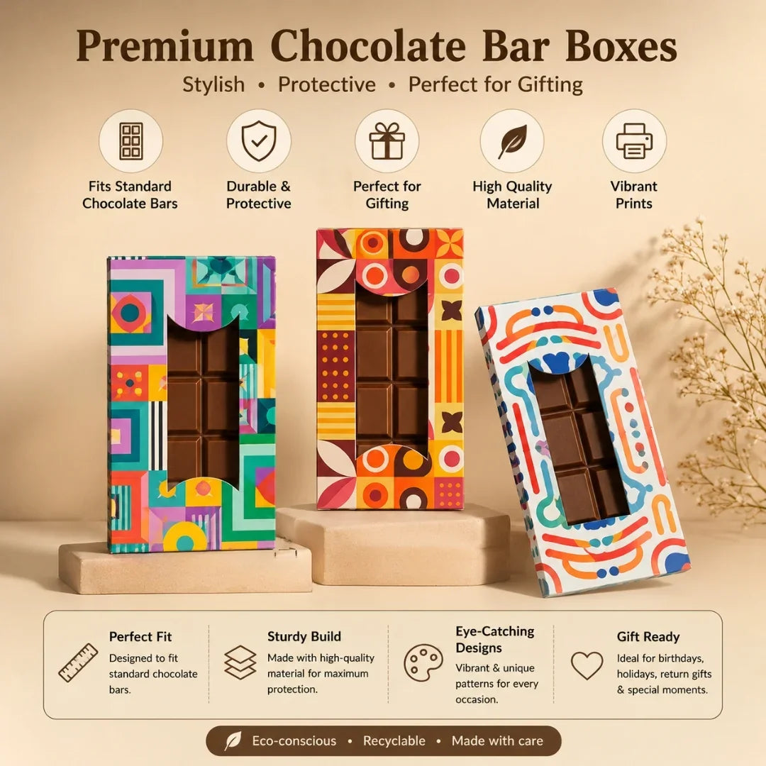 Colorful chocolate bar boxes with text highlighting features on a beige background