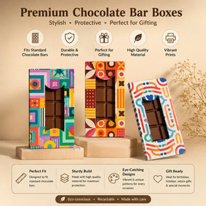 Colorful chocolate bar boxes with text highlighting features on a beige background