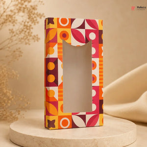 Colorful geometric patterned box on a beige background