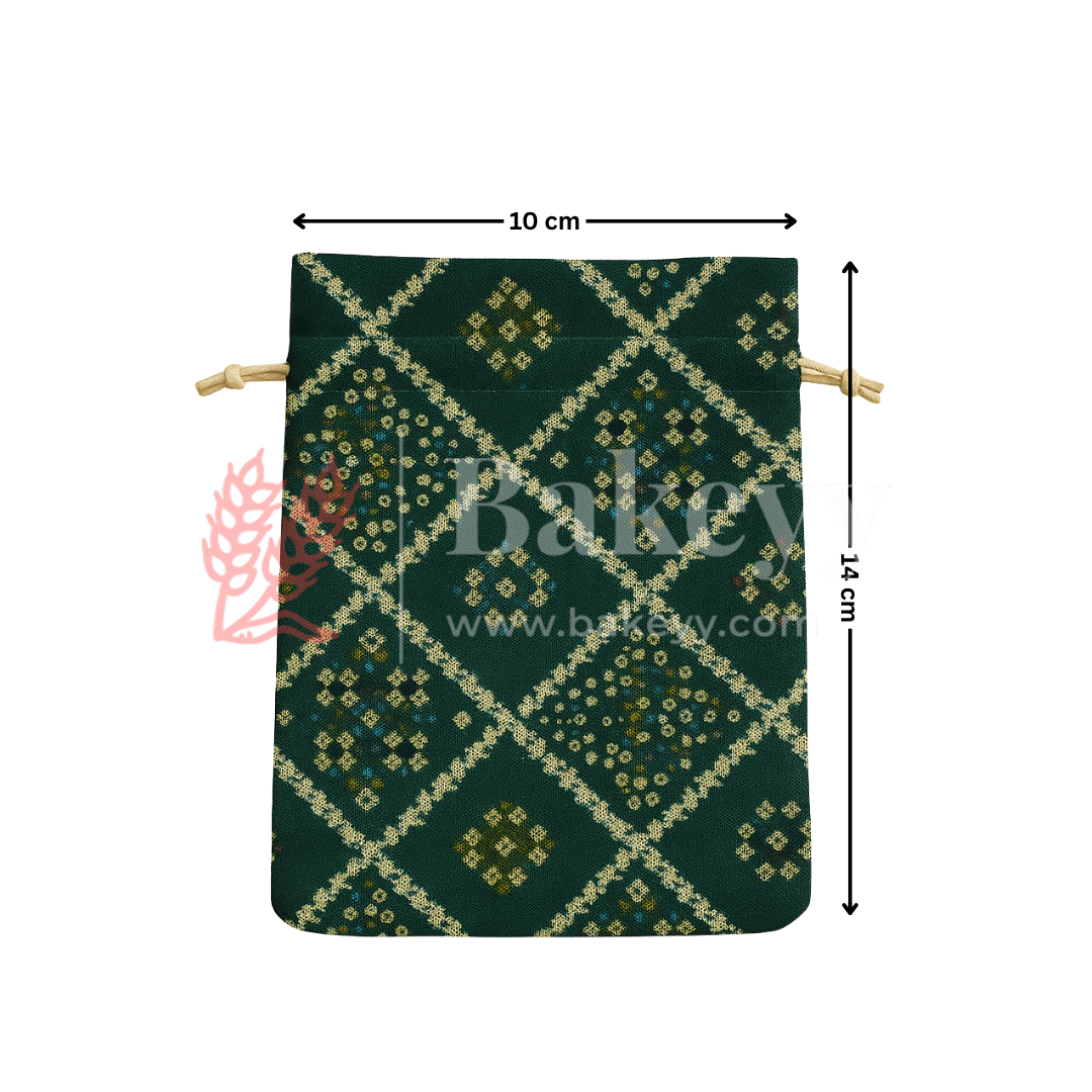 Bandhini Print Potli Bag with Drawstring – Festive Gift Pouch | Dark Green | Pack of 10