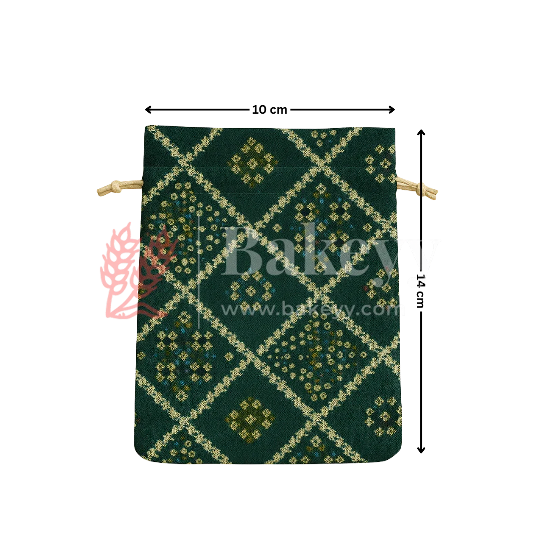 Bandhini Print Potli Bag with Drawstring – Festive Gift Pouch | Dark Green | Pack of 10