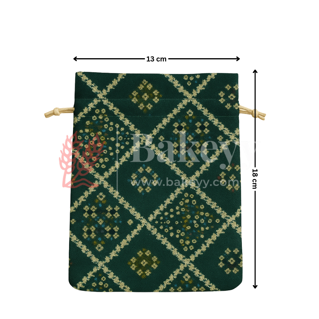 Bandhini Print Potli Bag with Drawstring – Festive Gift Pouch | Dark Green | Pack of 10