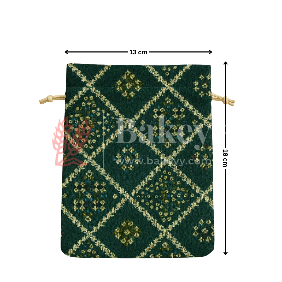 Bandhini Print Potli Bag with Drawstring – Festive Gift Pouch | Dark Green | Pack of 10