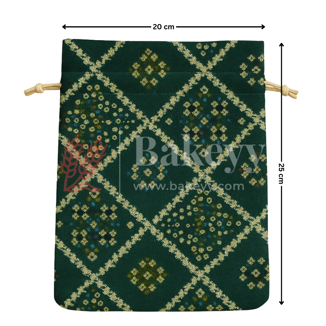 Bandhini Print Potli Bag with Drawstring – Festive Gift Pouch | Dark Green | Pack of 10