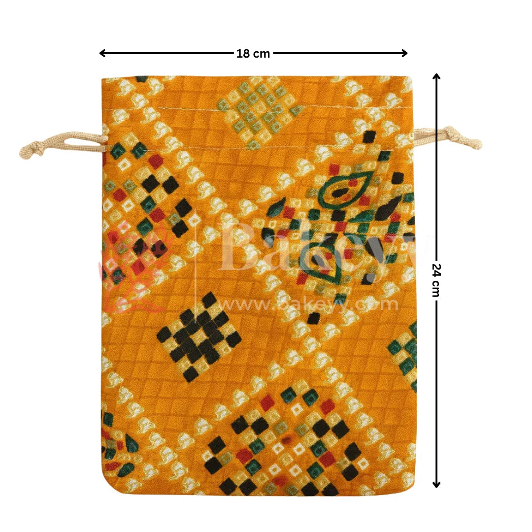Bandhini Print Potli Bag with Drawstring – Festive Gift Pouch | Yellow | Pack of 10