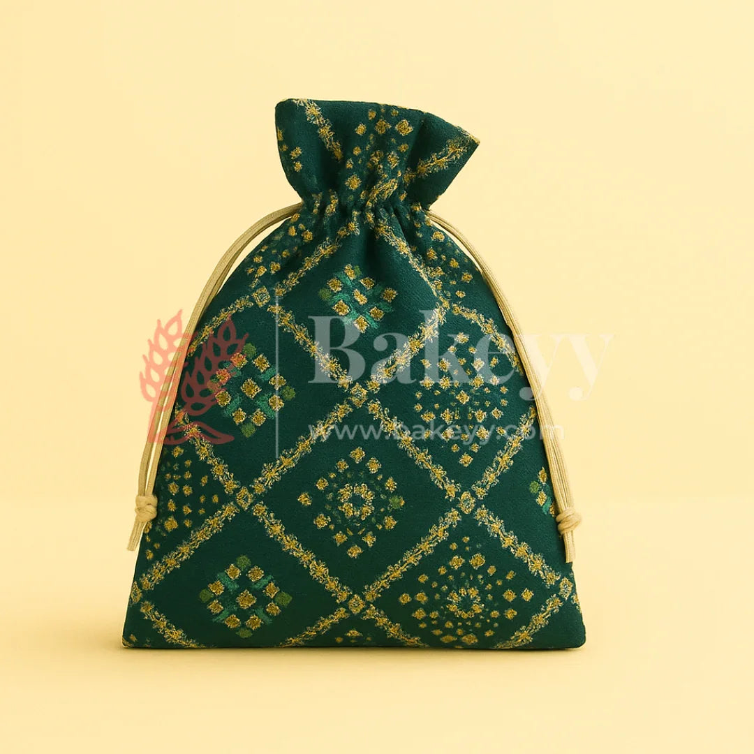 Bandhini Print Potli Bag with Drawstring – Festive Gift Pouch | Dark Green | Pack of 10