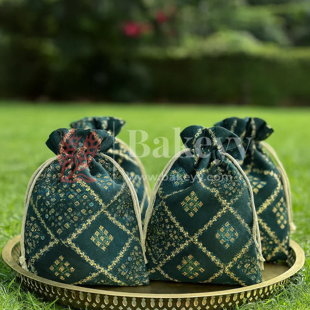 Bandhini Print Potli Bag with Drawstring – Festive Gift Pouch | Dark Green | Pack of 10