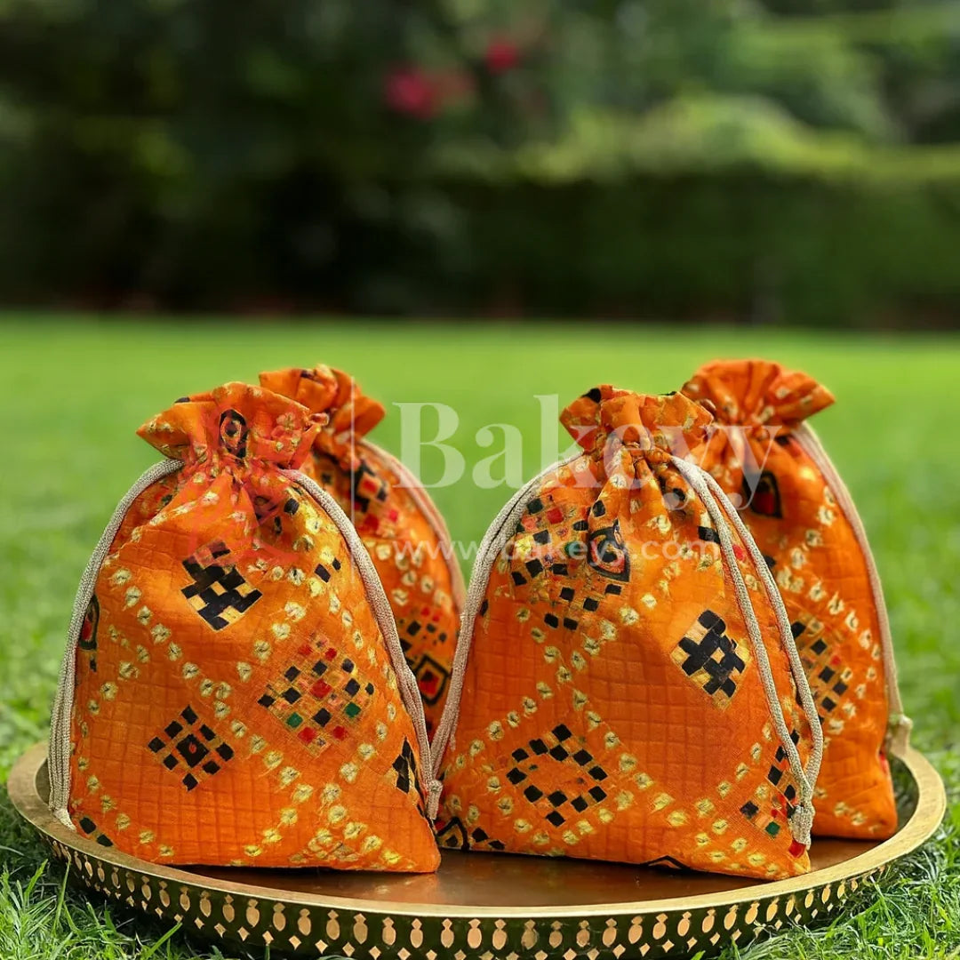Bandhini Print Potli Bag with Drawstring – Festive Gift Pouch | Yellow | Pack of 10