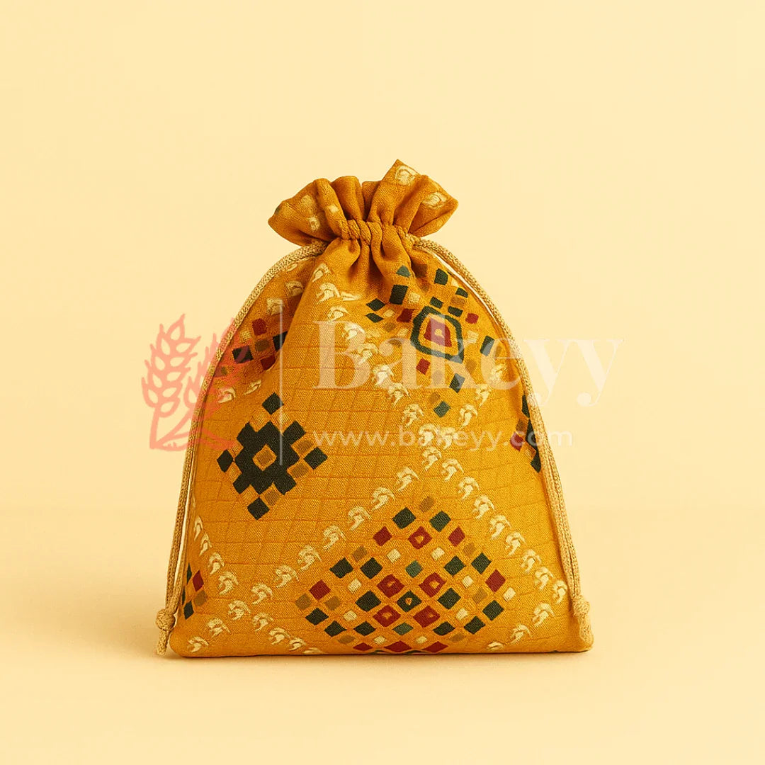 Bandhini Print Potli Bag with Drawstring – Festive Gift Pouch | Yellow | Pack of 10