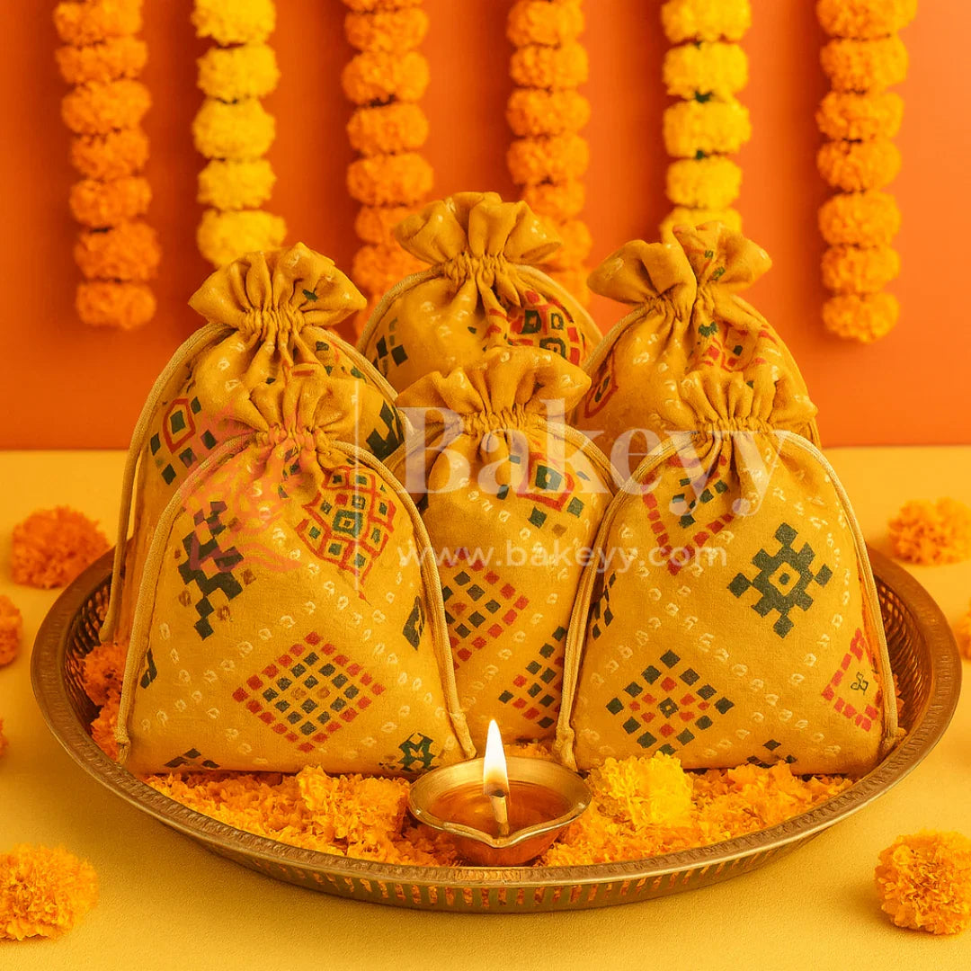 Bandhini Print Potli Bag with Drawstring – Festive Gift Pouch | Yellow | Pack of 10