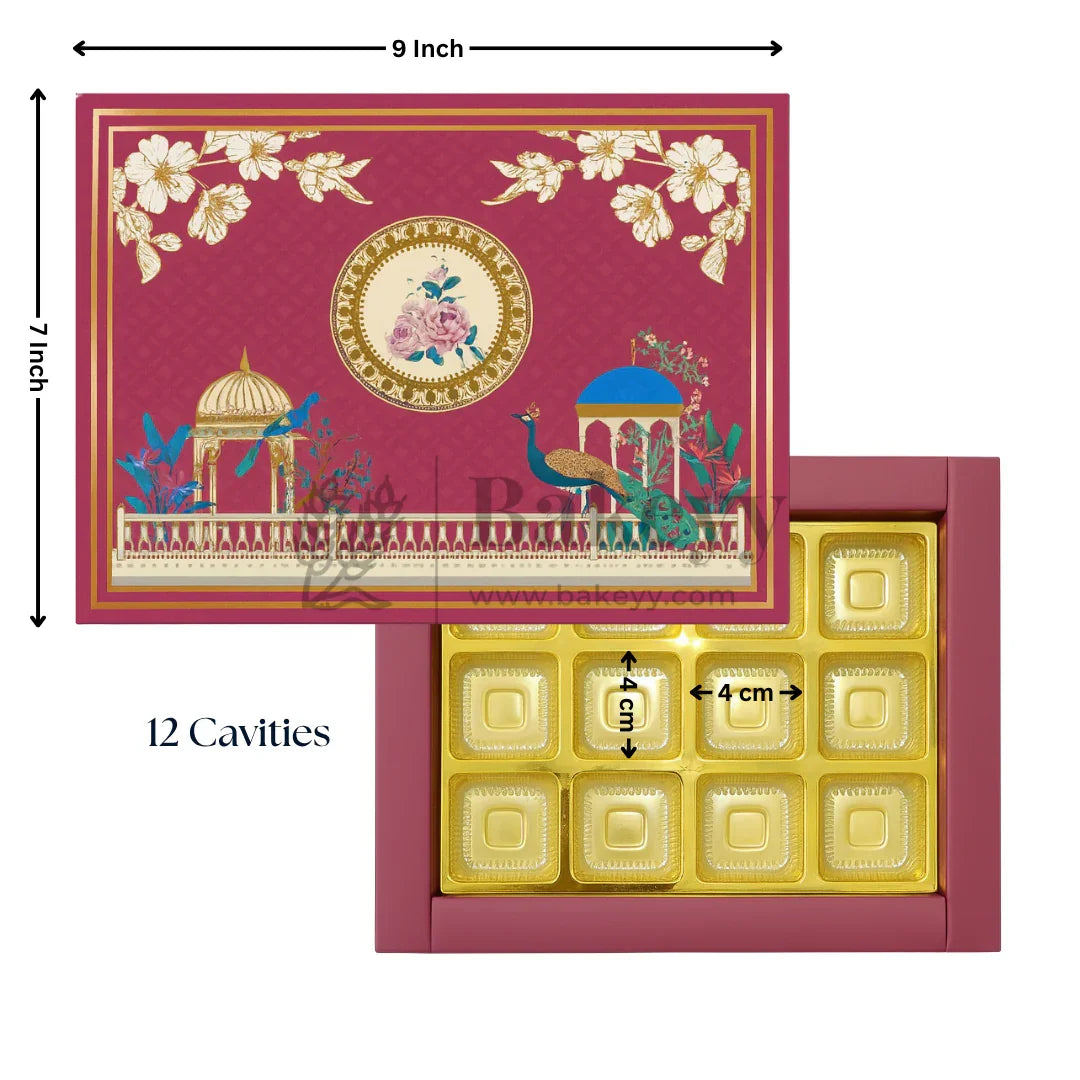 Royal Maroon and Gold Floral Sweet Box with Cavities | Pack of 10 - Bakeyy.com - India - Royal Maroon and Gold Floral Sweet Box with Cavities | Pack of 10 - 7x9 Inch | 12 Cavities