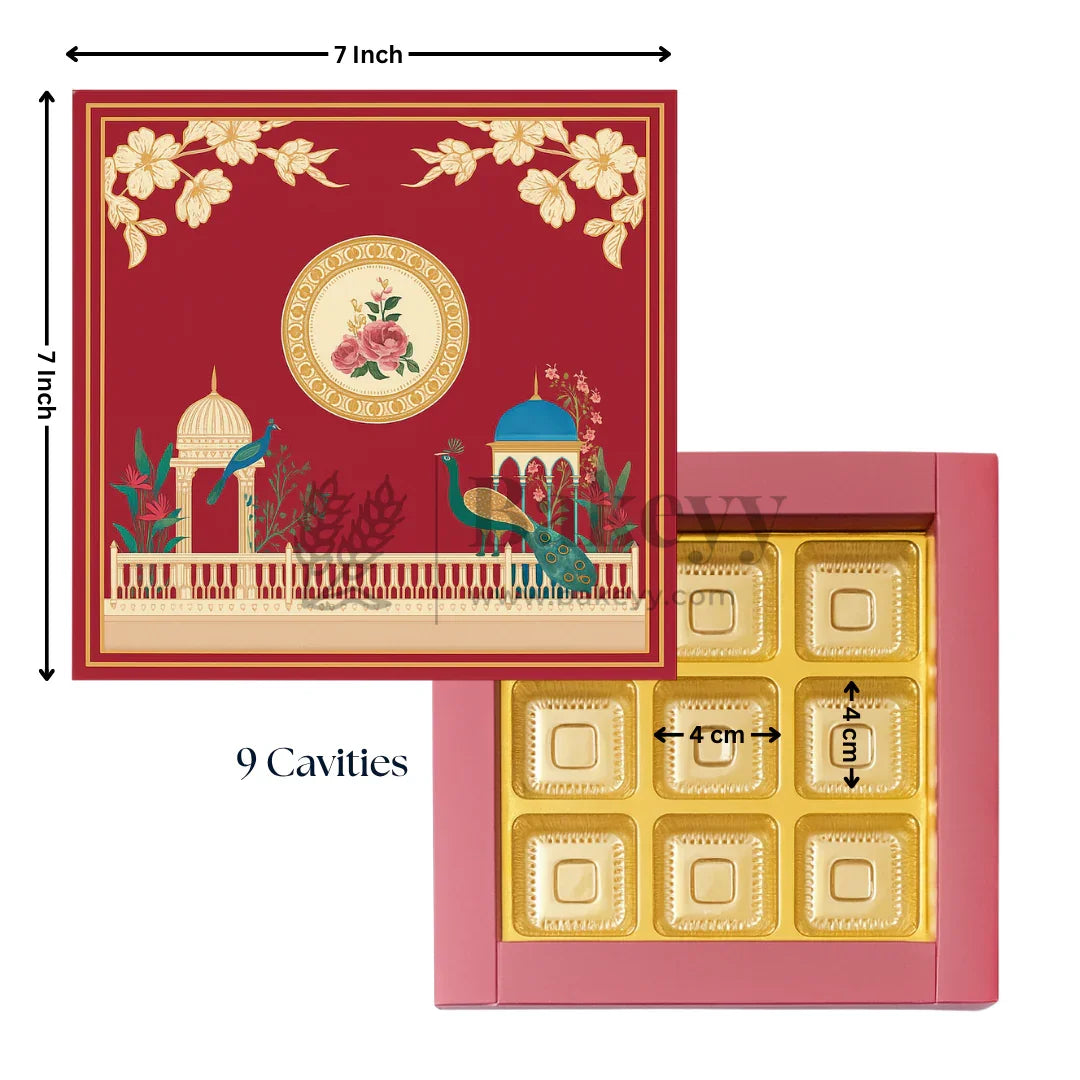 Royal Maroon and Gold Floral Sweet Box with Cavities | Pack of 10 - Bakeyy.com - India - Royal Maroon and Gold Floral Sweet Box with Cavities | Pack of 10 - 7x7 Inch | 9 Cavities