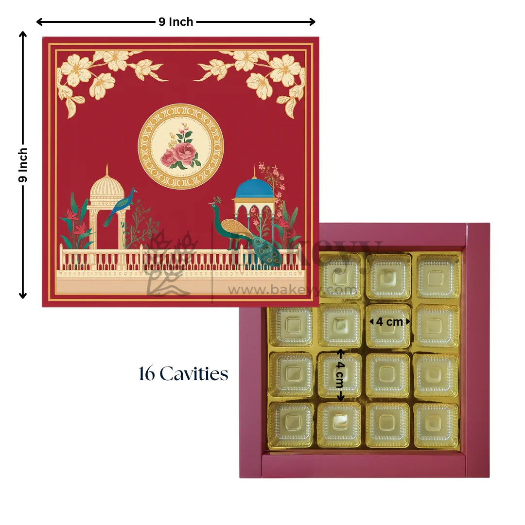 Royal Maroon and Gold Floral Sweet Box with Cavities | Pack of 10 - Bakeyy.com - India - Royal Maroon and Gold Floral Sweet Box with Cavities | Pack of 10 - 9x9 Inch | 16 Cavities