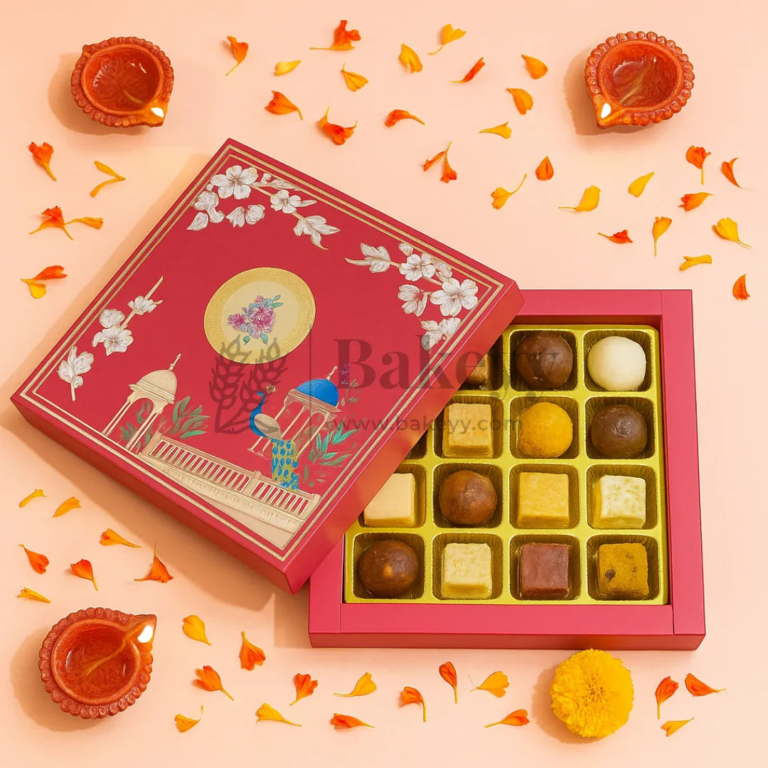 Royal Maroon and Gold Floral Sweet Box with Cavities | Pack of 10 - Bakeyy.com - India - Royal Maroon and Gold Floral Sweet Box with Cavities | Pack of 10 - 5x7 Inch | 6 Cavities