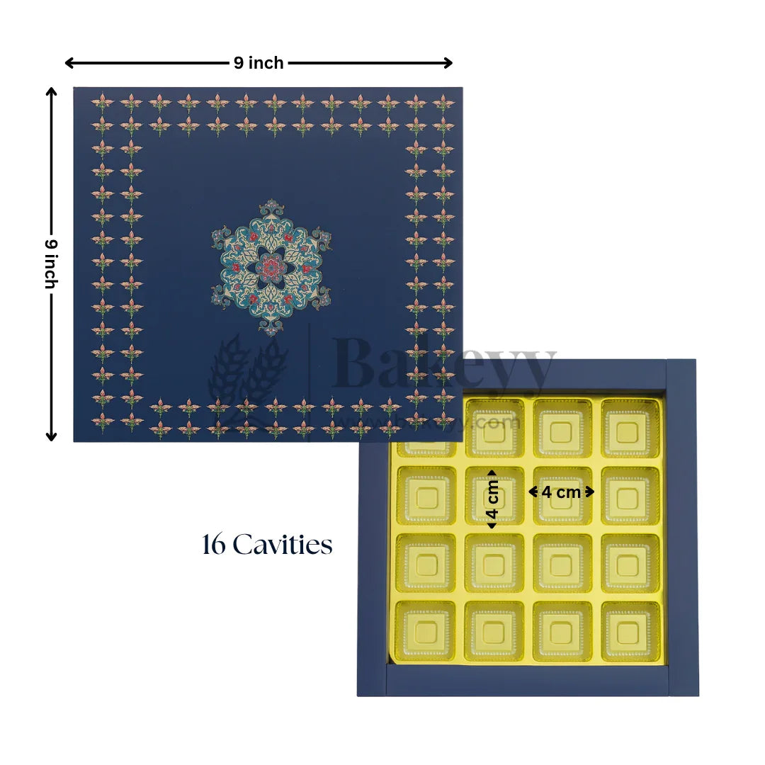 Elegant Navy Blue Floral Sweet Box with Cavities | Pack of 10 - Bakeyy.com - India - Elegant Navy Blue Floral Sweet Box with Cavities | Pack of 10 - 9x9 Inch | 16 Cavities