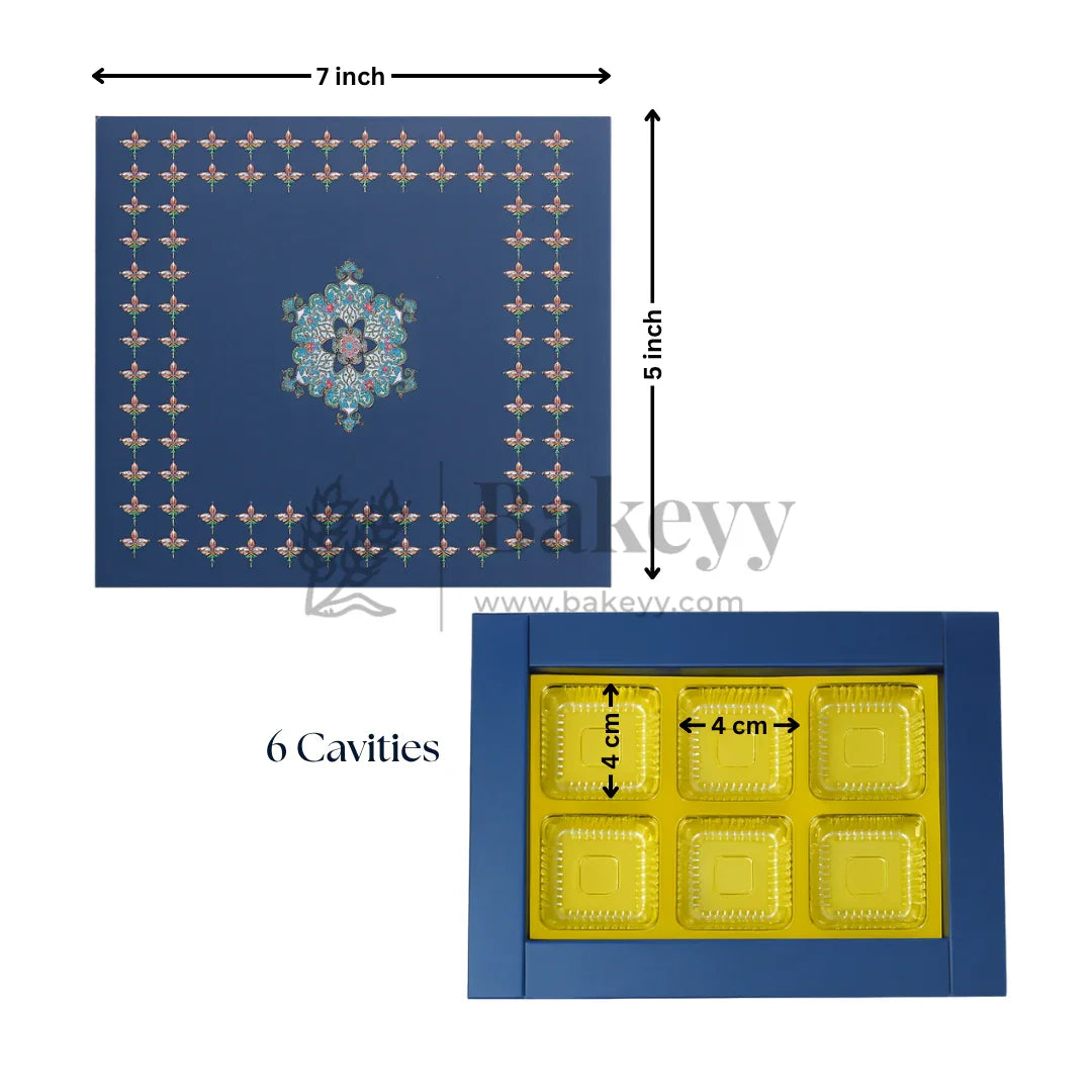 Elegant Navy Blue Floral Sweet Box with Cavities | Pack of 10 - Bakeyy.com - India - Elegant Navy Blue Floral Sweet Box with Cavities | Pack of 10 - 5x7 Inch | 6 Cavities