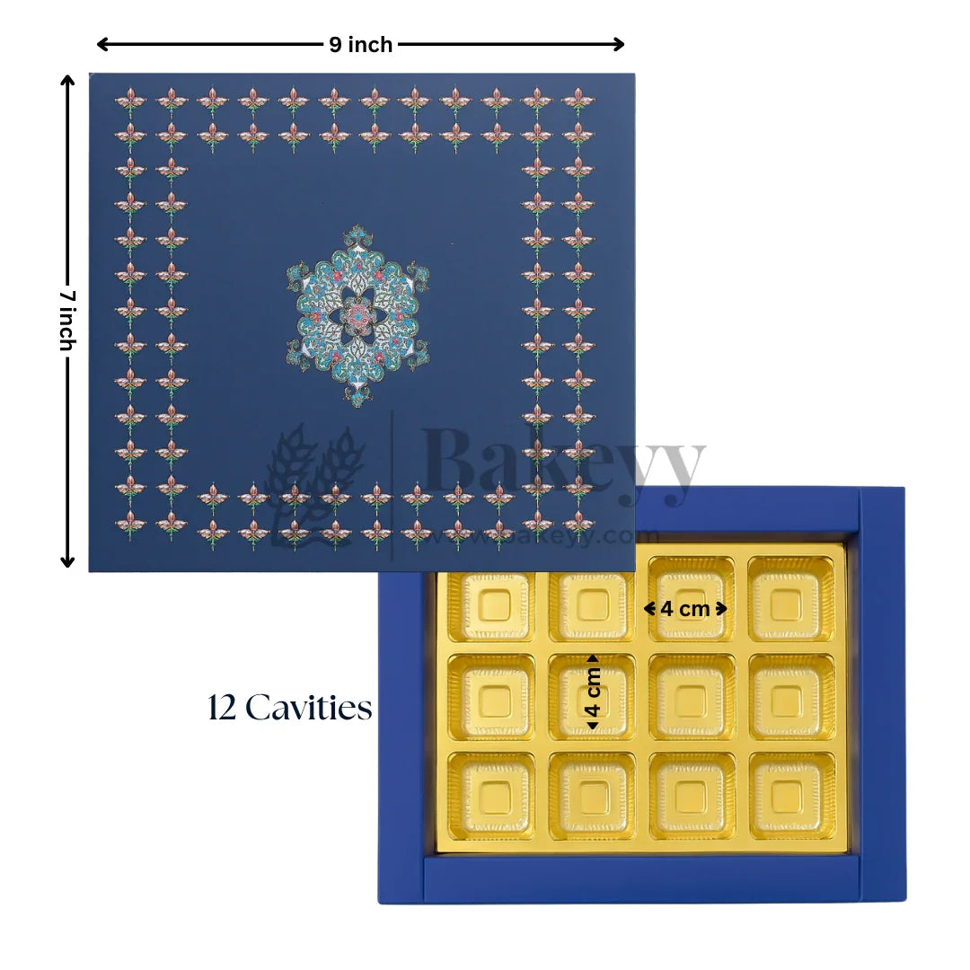 Elegant Navy Blue Floral Sweet Box with Cavities | Pack of 10 - Bakeyy.com - India - Elegant Navy Blue Floral Sweet Box with Cavities | Pack of 10 - 7x9 Inch | 12 Cavities