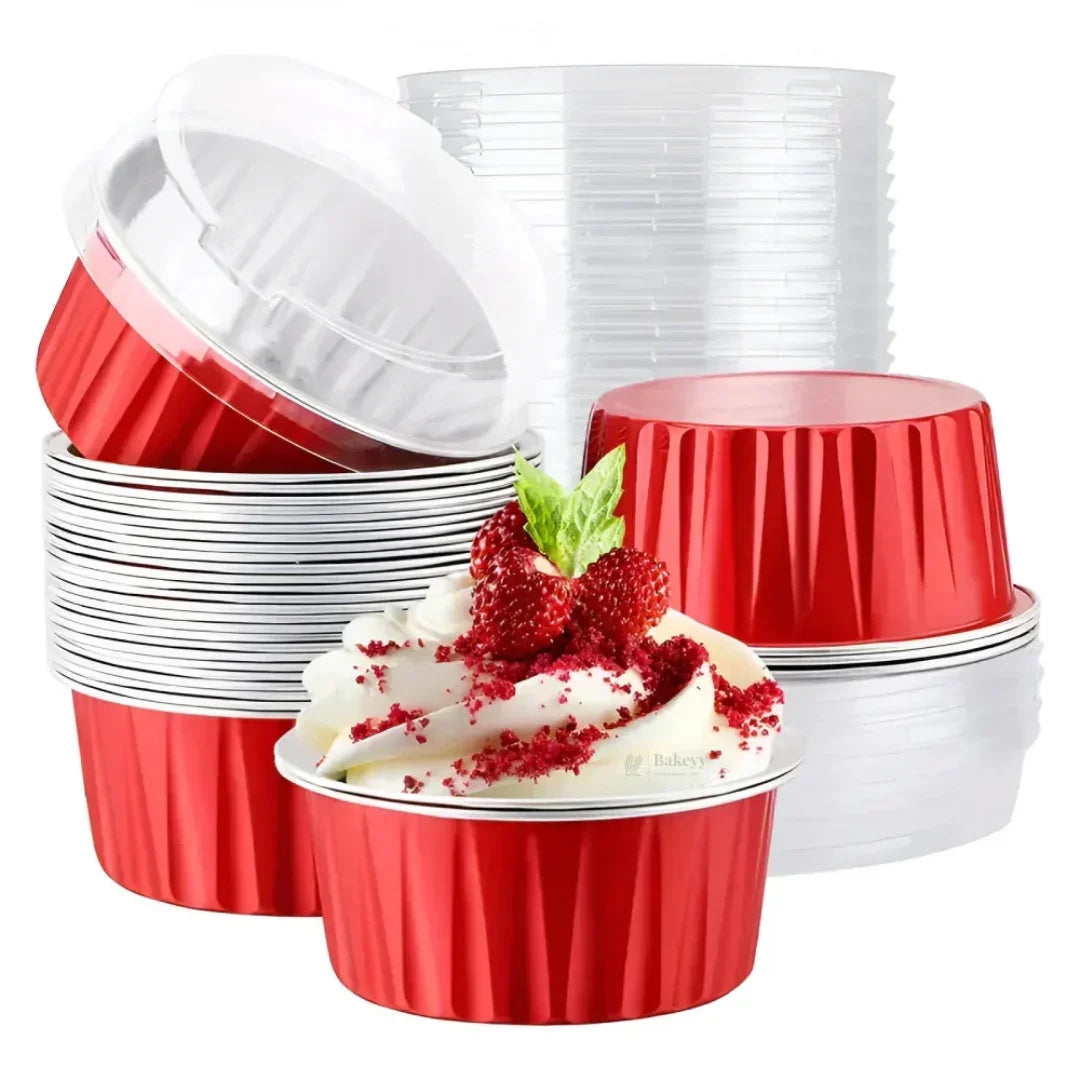 Aluminum Foil Baking Containers with Transparent Lid | Round Tins | Bake N Serve | Pack of 100 - Bakeyy.com - India - Aluminum Foil Baking Containers with Transparent Lid | Round Tins | Bake N Serve | Pack of 100 - Red / 125 ml 1200.00