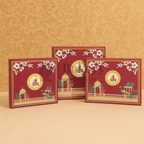 Three ornate greeting cards with floral and architectural designs on a beige background.
