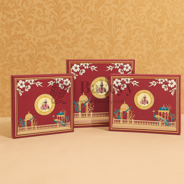 Three ornate greeting cards with floral and architectural designs on a beige background.