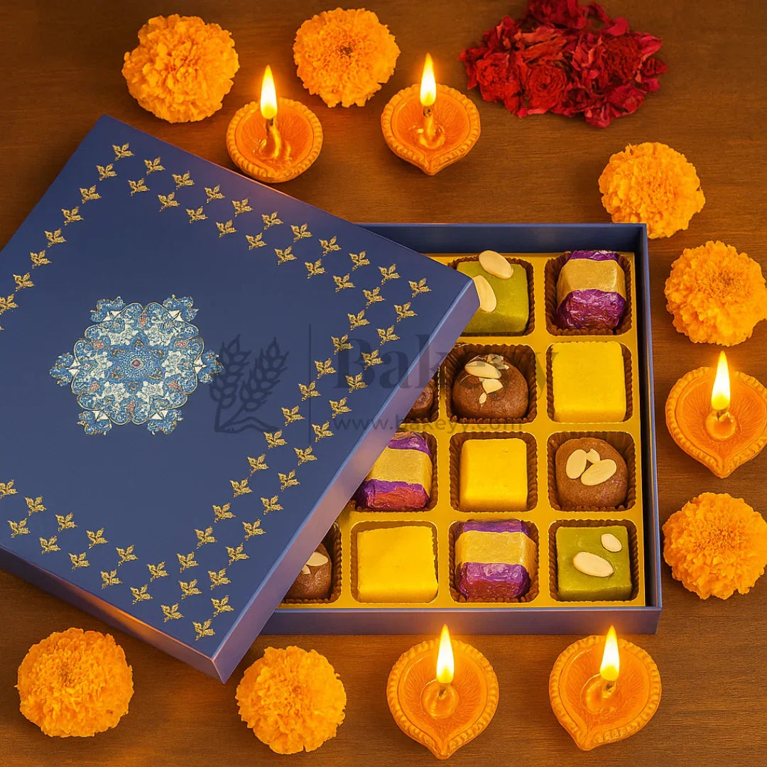 Elegant Navy Blue Floral Sweet Box with Cavities | Pack of 10 - Bakeyy.com - India - Elegant Navy Blue Floral Sweet Box with Cavities | Pack of 10 - 5x7 Inch | 6 Cavities