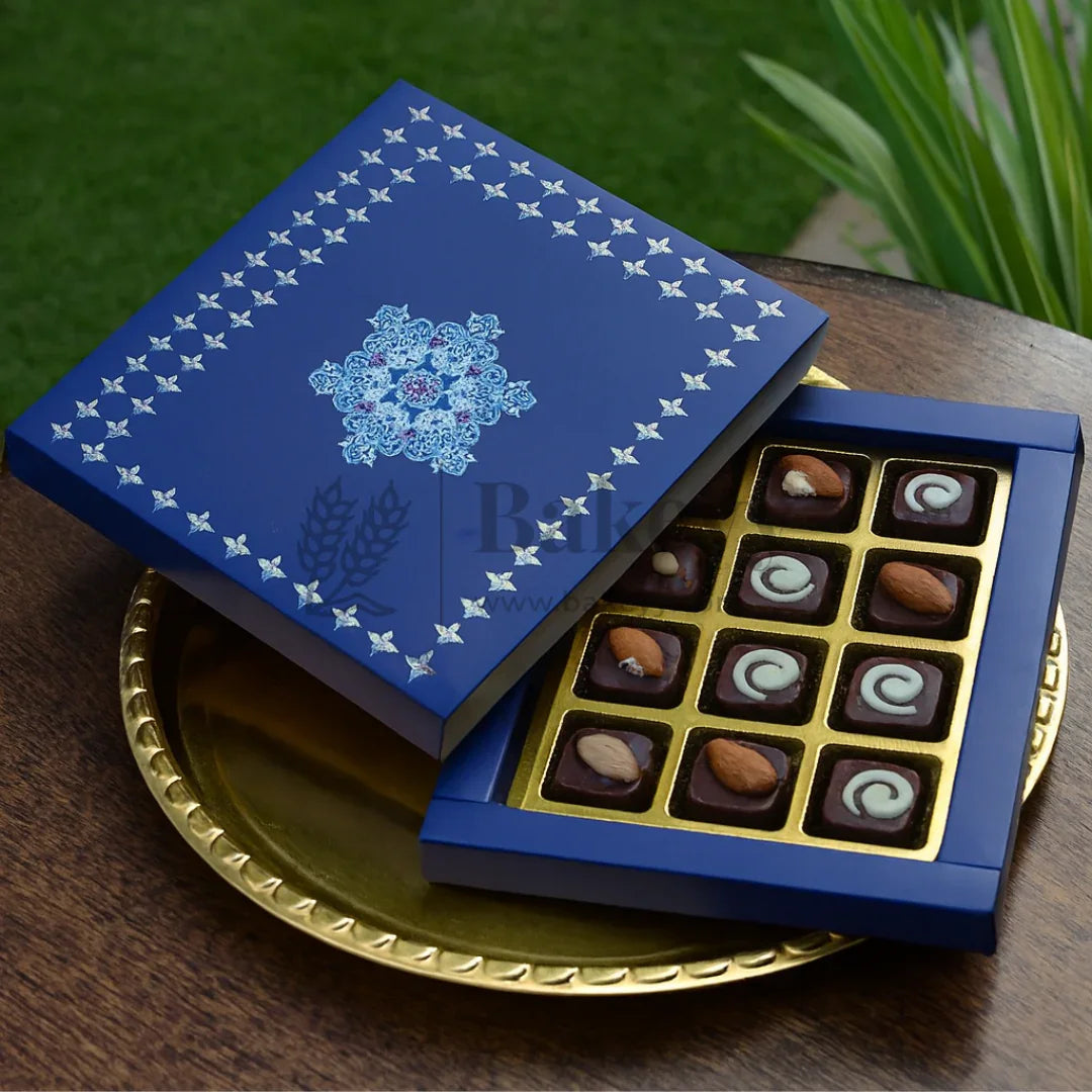 Elegant Navy Blue Floral Sweet Box with Cavities | Pack of 10 - Bakeyy.com - India - Elegant Navy Blue Floral Sweet Box with Cavities | Pack of 10 - 5x7 Inch | 6 Cavities