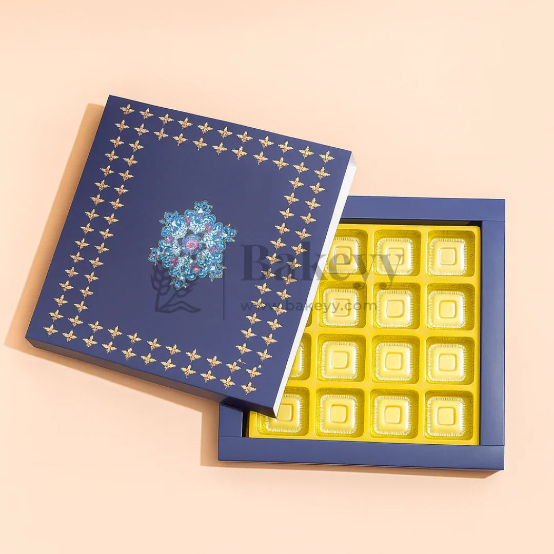 Elegant Navy Blue Floral Sweet Box with Cavities | Pack of 10 - Bakeyy.com - India - Elegant Navy Blue Floral Sweet Box with Cavities | Pack of 10 - 5x7 Inch | 6 Cavities