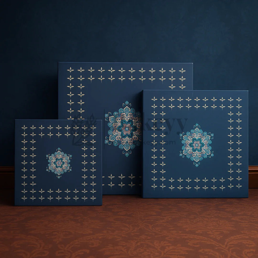 Elegant Navy Blue Floral Sweet Box with Cavities | Pack of 10 - Bakeyy.com - India - Elegant Navy Blue Floral Sweet Box with Cavities | Pack of 10 - 5x7 Inch | 6 Cavities