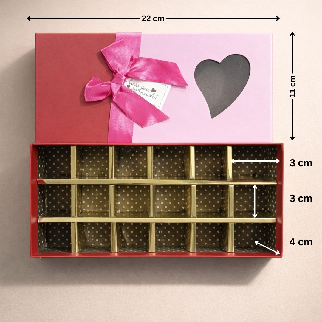 18 Cavity Premium Rigid Chocolate Box with Heart Window & Ribbon | Luxury Chocolate Packing Gift Box | Multiple Colors | Pack of 1