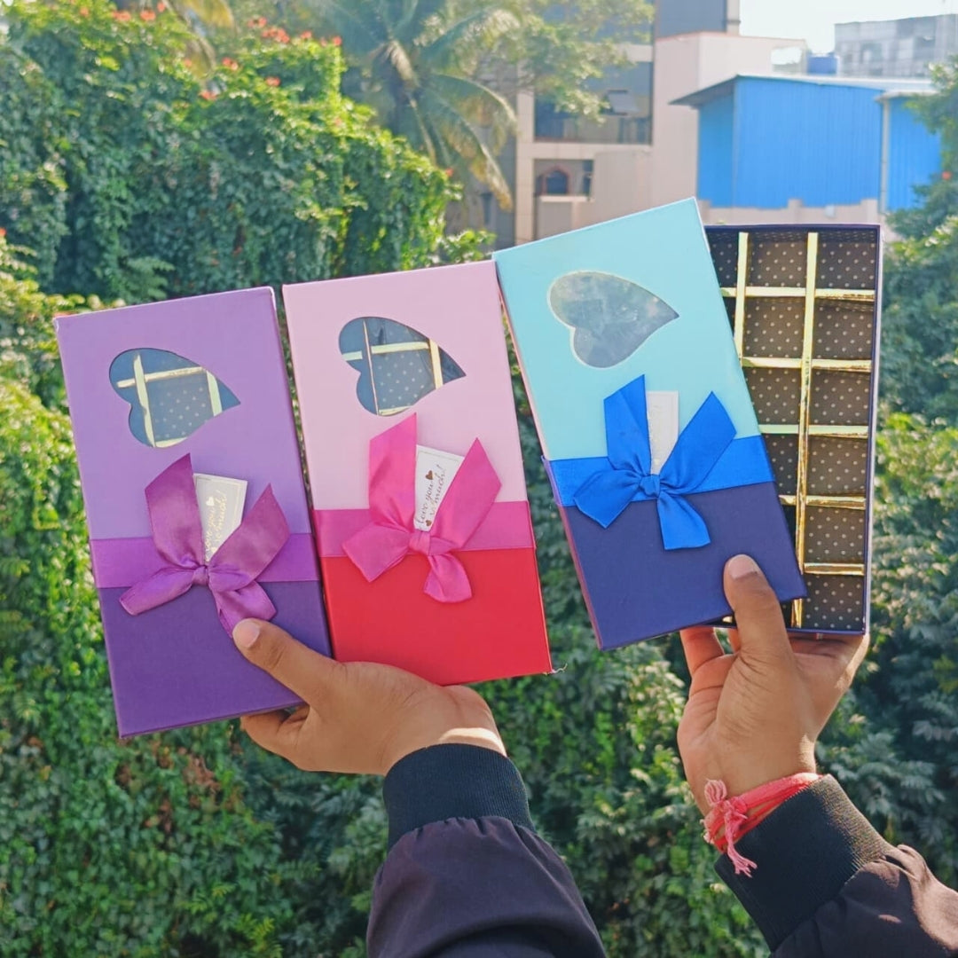 18 Cavity Premium Rigid Chocolate Box with Heart Window & Ribbon | Luxury Chocolate Packing Gift Box | Multiple Colors | Pack of 1