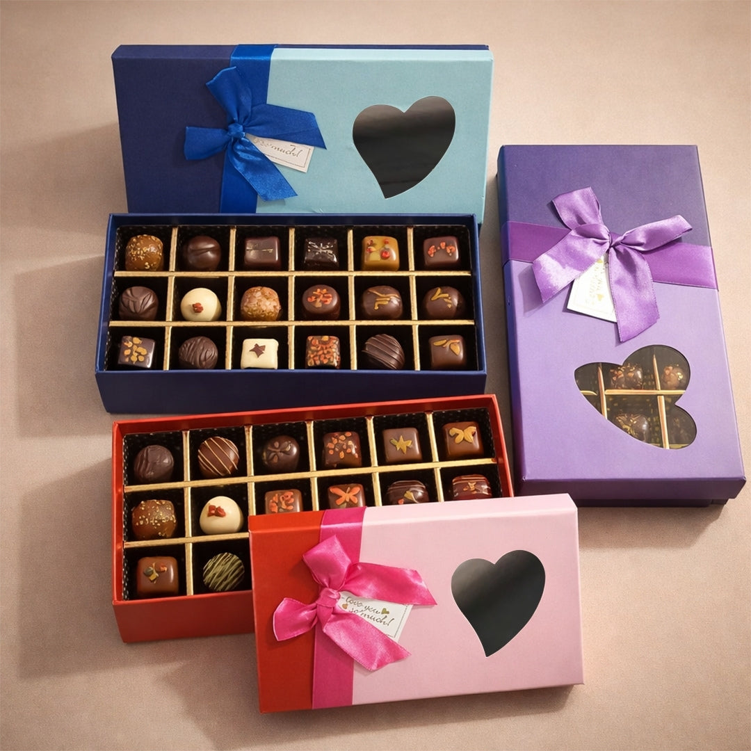 18 Cavity Premium Rigid Chocolate Box with Heart Window & Ribbon | Luxury Chocolate Packing Gift Box | Multiple Colors | Pack of 1