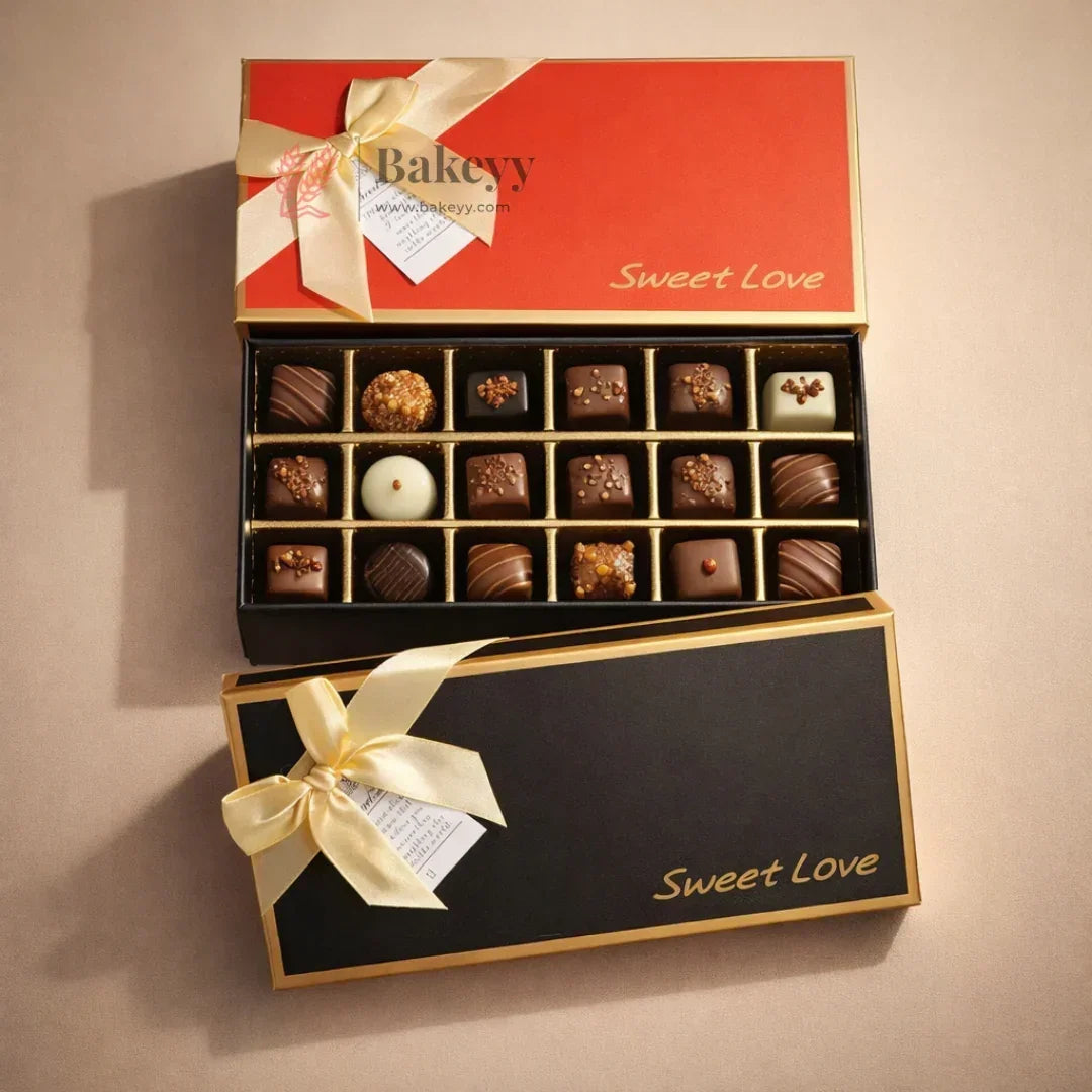 18 Cavity Hard Chocolate Box | Sweet Love Rigid Chocolate Gift Box with Ribbon | Premium Mithai & Chocolate Packing Box | Pack of 1 - Bakeyy.com - India - 18 Cavity Hard Chocolate Box | Sweet Love Rigid Chocolate Gift Box with Ribbon | Premium Mithai & Chocolate Packing Box | Pack of 1 - Black 119.00