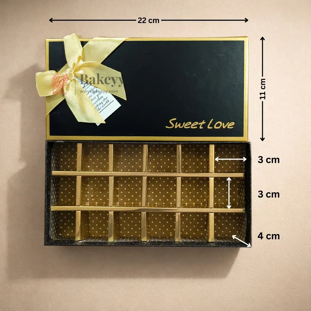18 Cavity Hard Chocolate Box | Sweet Love Rigid Chocolate Gift Box with Ribbon | Premium Mithai & Chocolate Packing Box | Pack of 1 - Bakeyy.com - India - 18 Cavity Hard Chocolate Box | Sweet Love Rigid Chocolate Gift Box with Ribbon | Premium Mithai & Chocolate Packing Box | Pack of 1 - Black 119.00