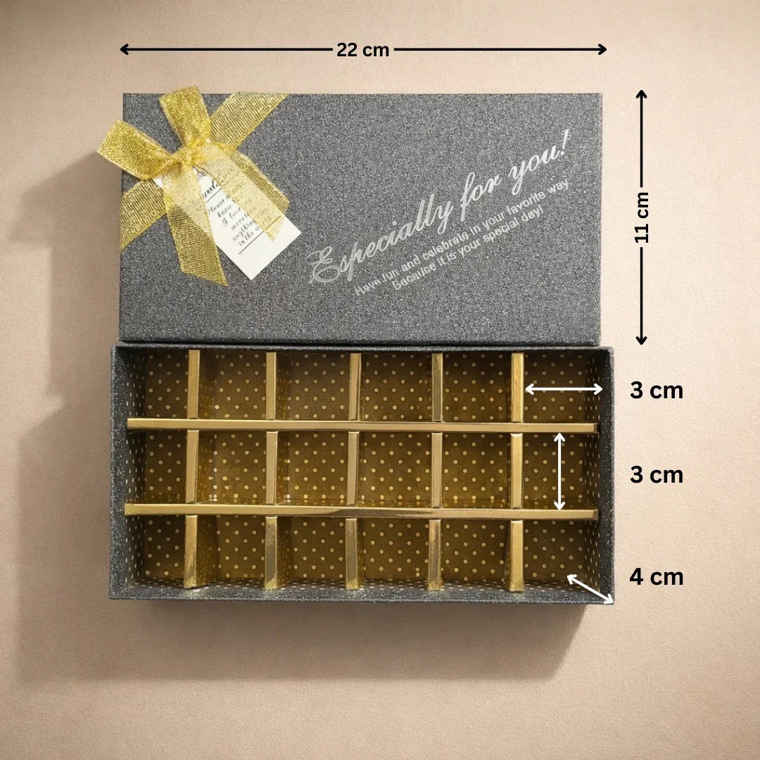 18 Cavity | Rigid Chocolate Box with Golden Partition | Premium Gift Box | Pack of 1 - Bakeyy.com - India - 18 Cavity | Rigid Chocolate Box with Golden Partition | Premium Gift Box | Pack of 1 - Silver 99.00