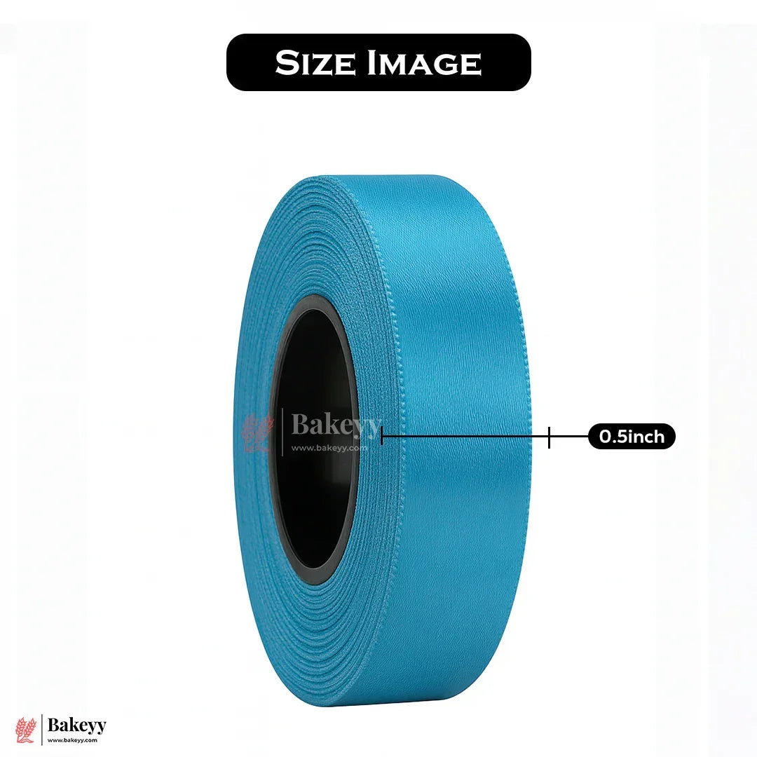 Roll of blue ribbon with measurement label on a white background