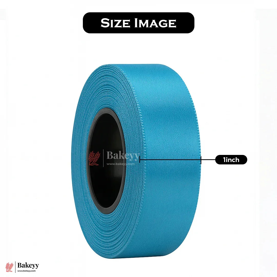 Roll of blue ribbon with a 1-inch width measurement on a white background, featuring the Bakeyy brand.