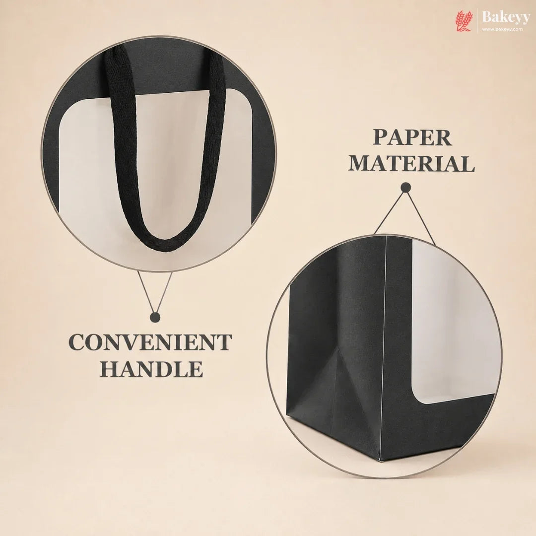 A paper tote bag shown with two circular callout details on a beige background. One circle highlights a black convenient handle, and the other shows the folded paper construction.