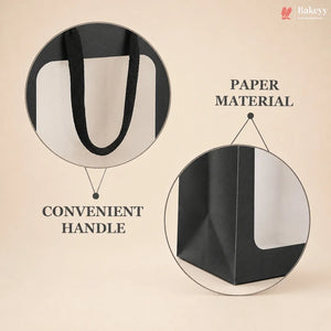 A paper tote bag shown with two circular callout details on a beige background. One circle highlights a black convenient handle, and the other shows the folded paper construction.