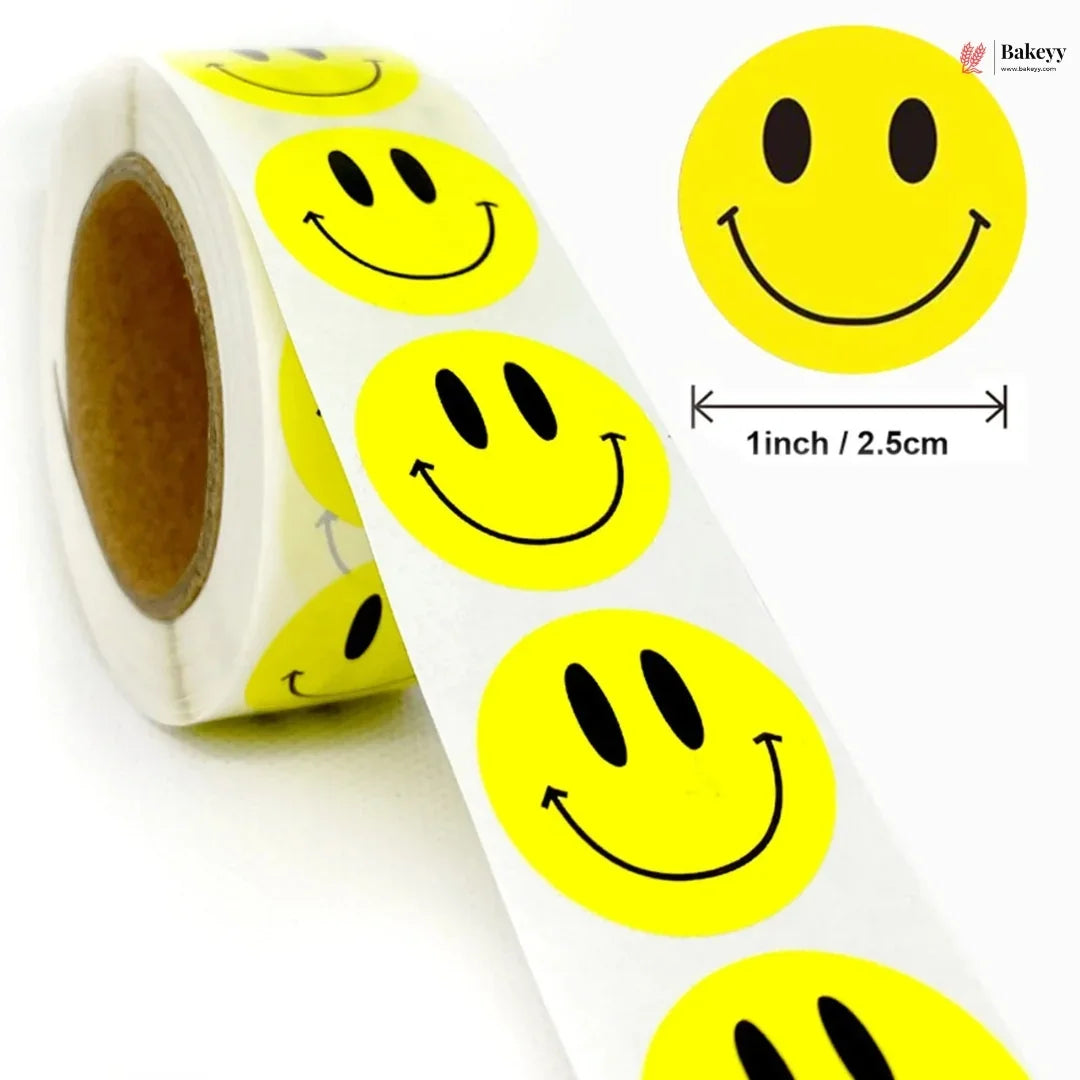 Roll of yellow smiley face stickers with a close-up inset showing the size.