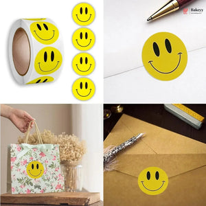 Collage of yellow smiley face stickers on various surfaces and items.