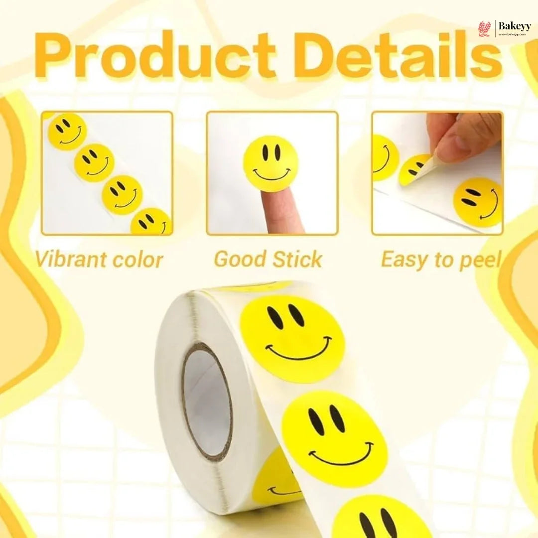 Roll of yellow smiley face stickers with product details on a light background