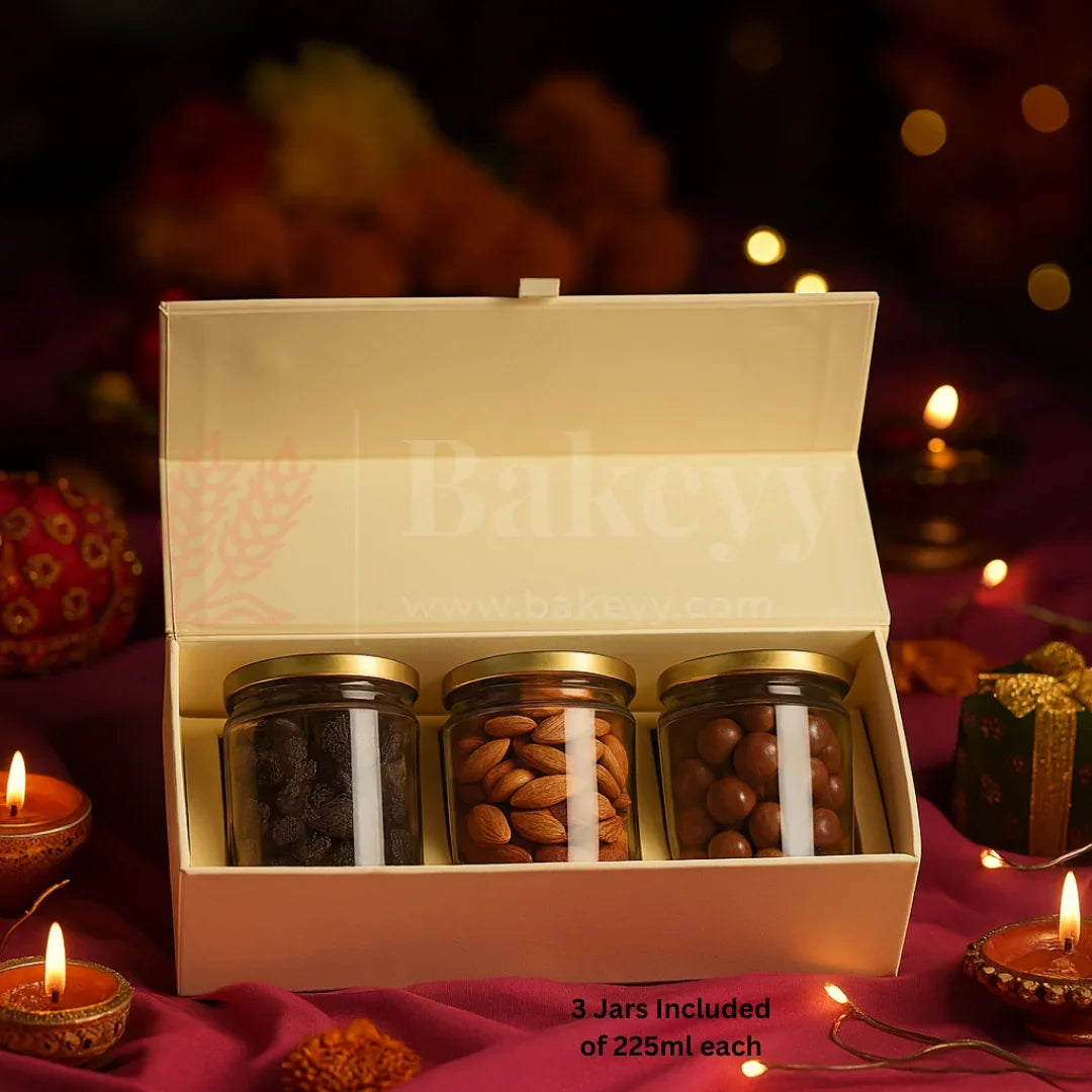 Cream Printed Hamper Box with 3 PET Jars| 1 Piece - Bakeyy.com - India - Cream Printed Hamper Box with 3 PET Jars| 1 Piece - Default Title