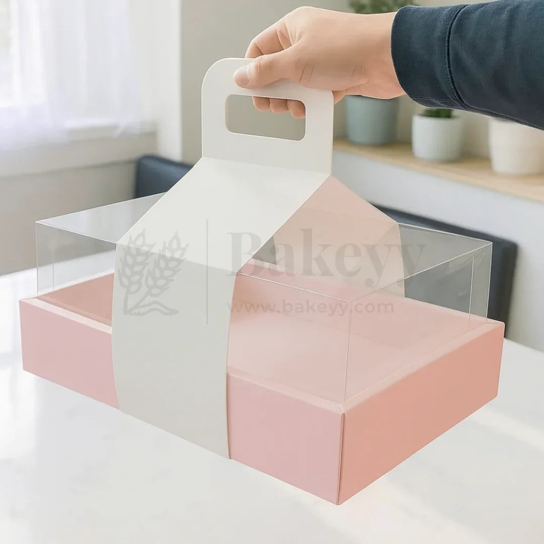 Double Wall Hamper Box with Fit in Transparent Lid and Pink Base and Handle| Pack of 10 - Bakeyy.com - India - Double Wall Hamper Box with Fit in Transparent Lid and Pink Base and Handle| Pack of 10 - Default Title