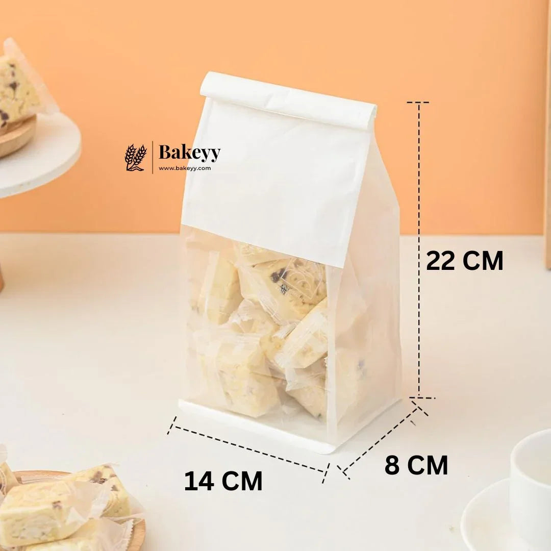 White Kraft Paper Bread Bags with Clear Window | Bakery Bags Tin Tie Tab Lock Treat Bag| Pack of 50 - Bakeyy.com - India - White Kraft Paper Bread Bags with Clear Window | Bakery Bags Tin Tie Tab Lock Treat Bag| Pack of 50 - 14x22x8Cm